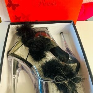 Pleaser Black Clear Platform Heels with Black Marabou